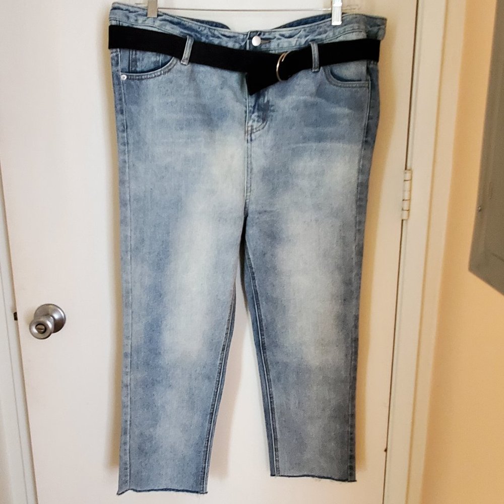 Bazilika Women's Denim Blue Jeans with Black Belt Waist 38 USA 100% Cotton